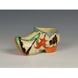 A Clarice Cliff Bizarre Art Deco period hand painted Clog / Sabot in the 'Kew' pattern, c.1930,