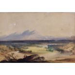 English School (mid 19th century), Travelers with River and Mountains beyond watercolour, plain gold