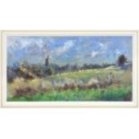 Neville Le Ray (Guernsey, b.1939), View across fields to St. Saviours church, Guernsey pastel,