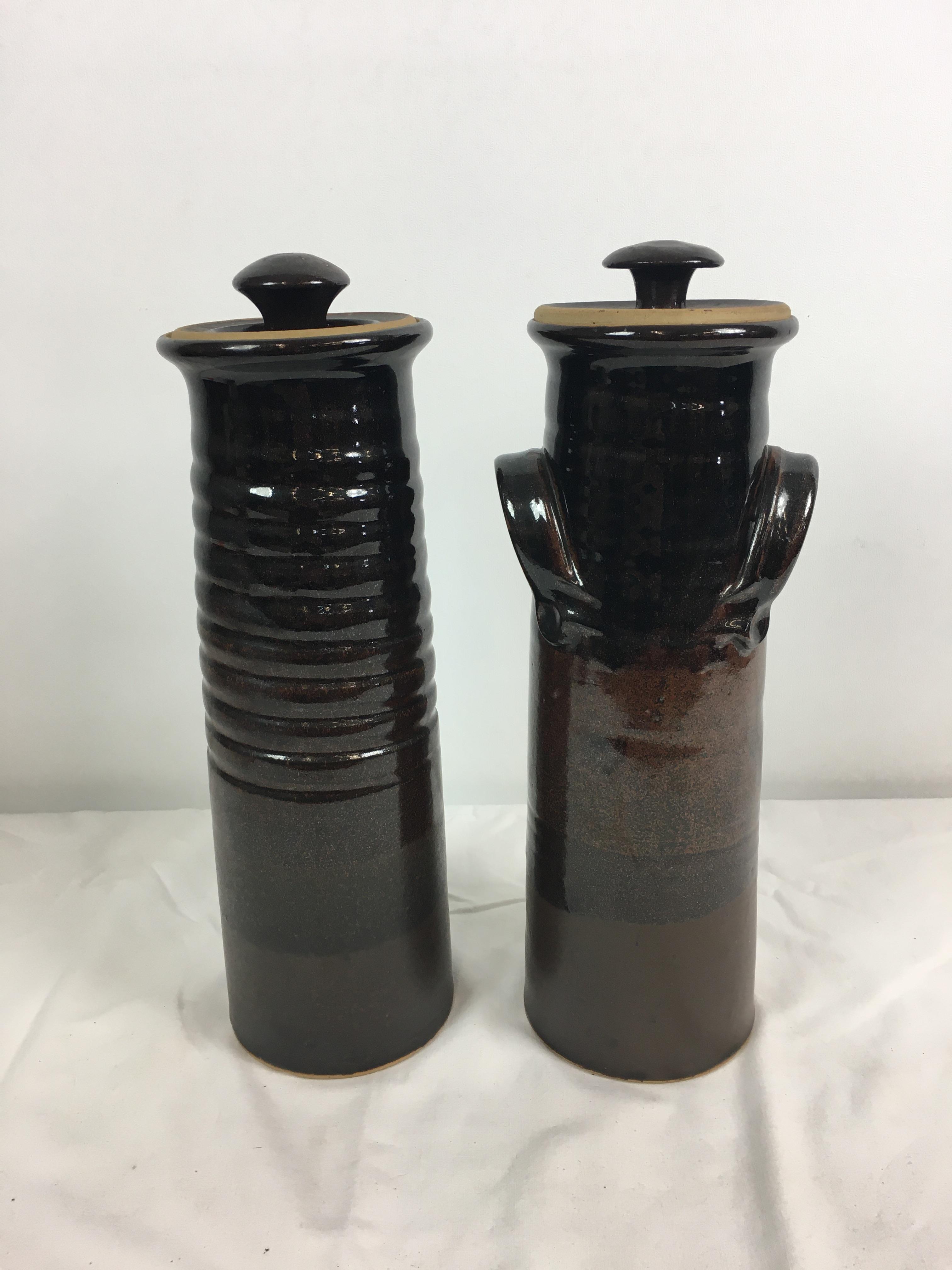 Two Guernsey pottery spaghetti storage jars, brown glazed, of similar tapering form, each printed 'C - Image 2 of 10