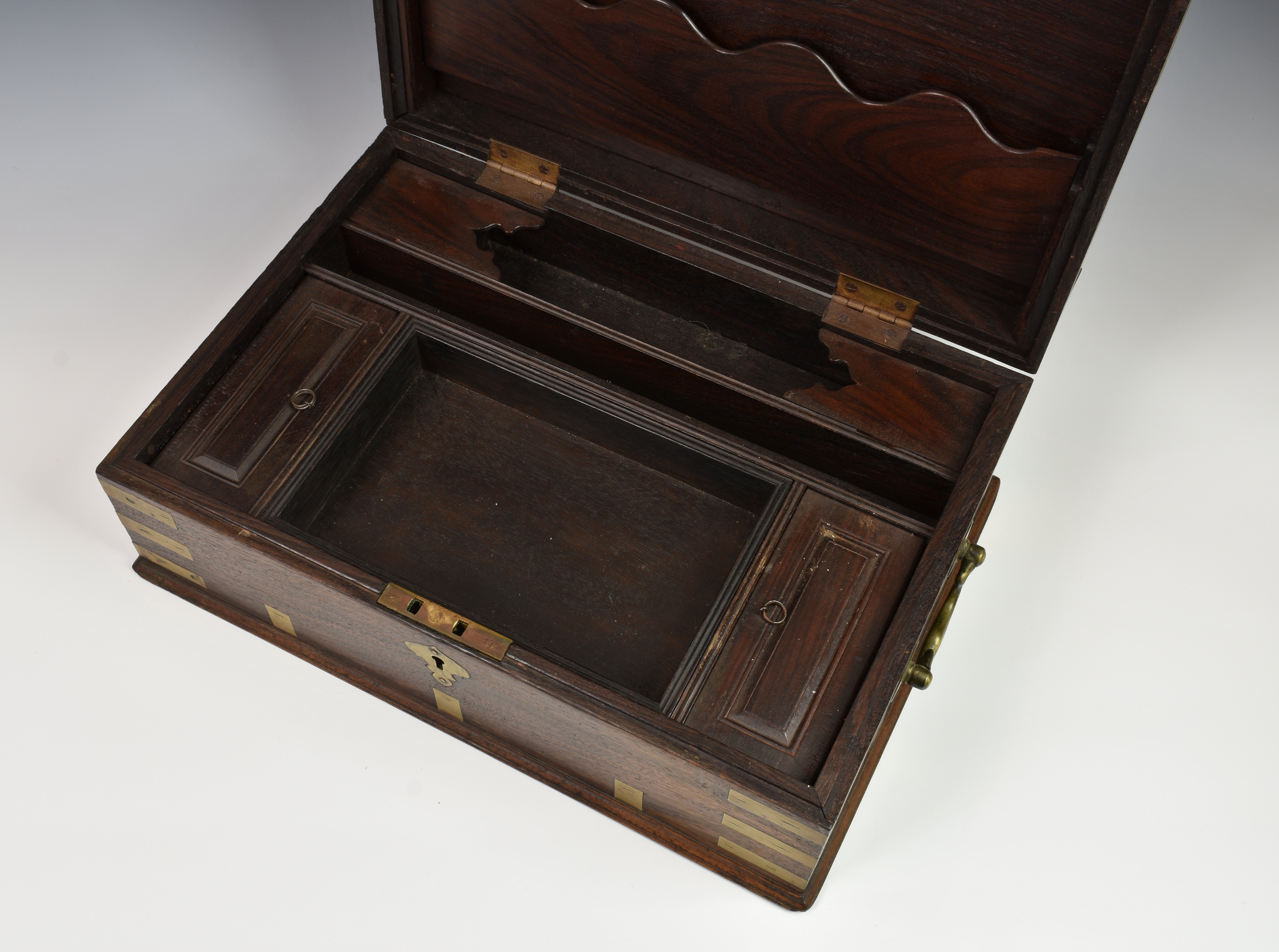 An Anglo Indian rosewood and brass bound stationary box, c.1900, the hinged lid opening to reveal - Image 4 of 5