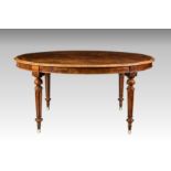 A Victorian burr walnut oval dining table, the moulded quarter veneered top over a figured walnut