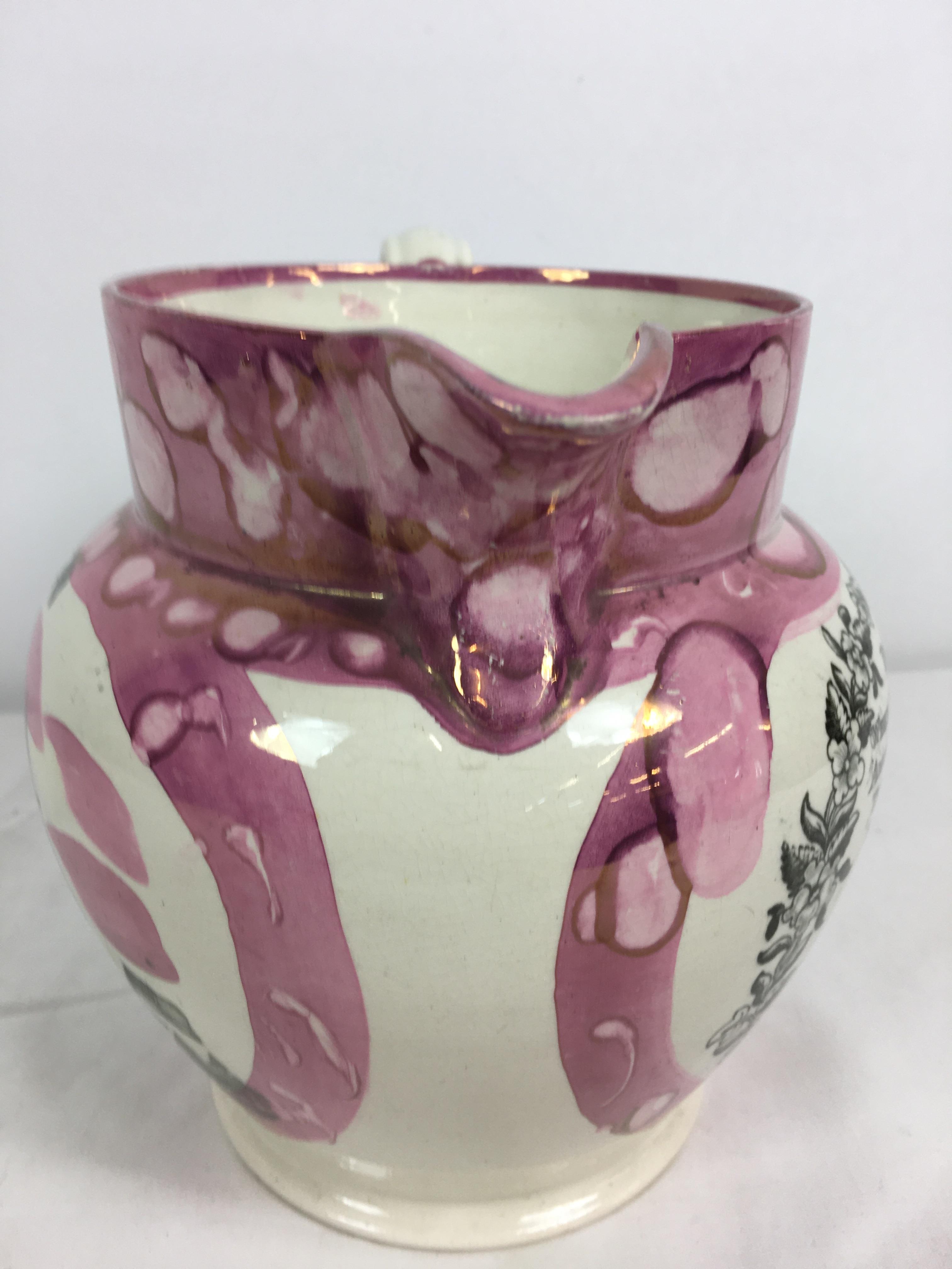 A 19th century Sunderland pink lustre jug, painted and transfer printed, one side with panel of a - Image 8 of 9