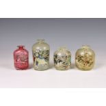 Four Chinese interior painted snuff bottles, late 19th, early 20th century, the first red glass