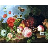 20th Century School, Still life of fruit, flowers and vines on a rocky ledge oil on canvas board, in
