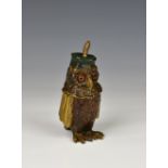 An Edwardian novelty painted and gilded bronze inkwell fashioned as a Professor Wise Owl, the owl