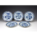 A set of five Chinese porcelain blue and white dishes, Kangxi period (1662-1722), painted with two