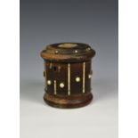 An Anglo - Indian cylindrical hardwood and bone tea caddy, probably late 19th or early 20th century,