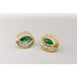 18ct yellow and white gold, emerald and diamond earrings, each earring containing a marquise cut