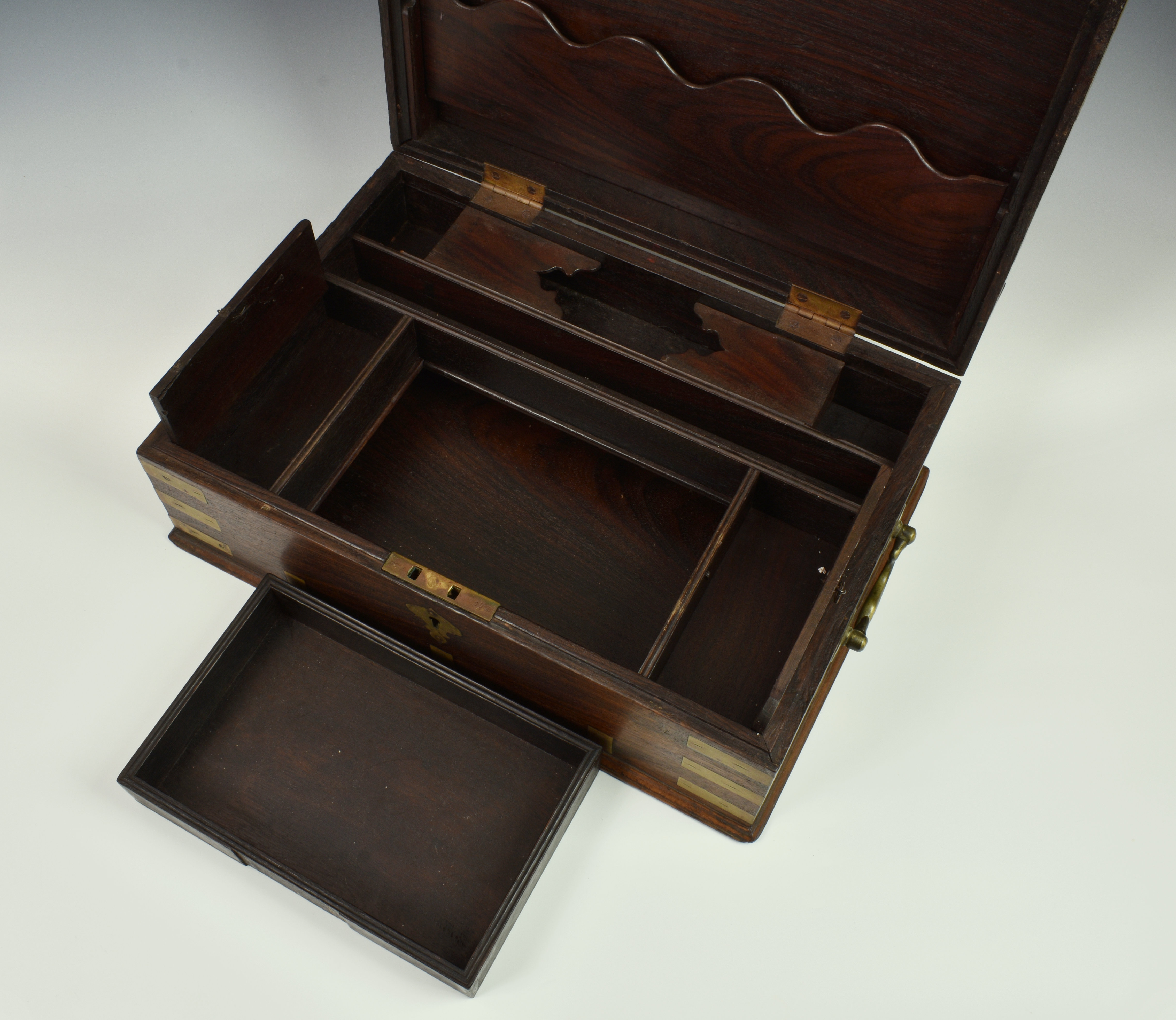 An Anglo Indian rosewood and brass bound stationary box, c.1900, the hinged lid opening to reveal - Image 5 of 5