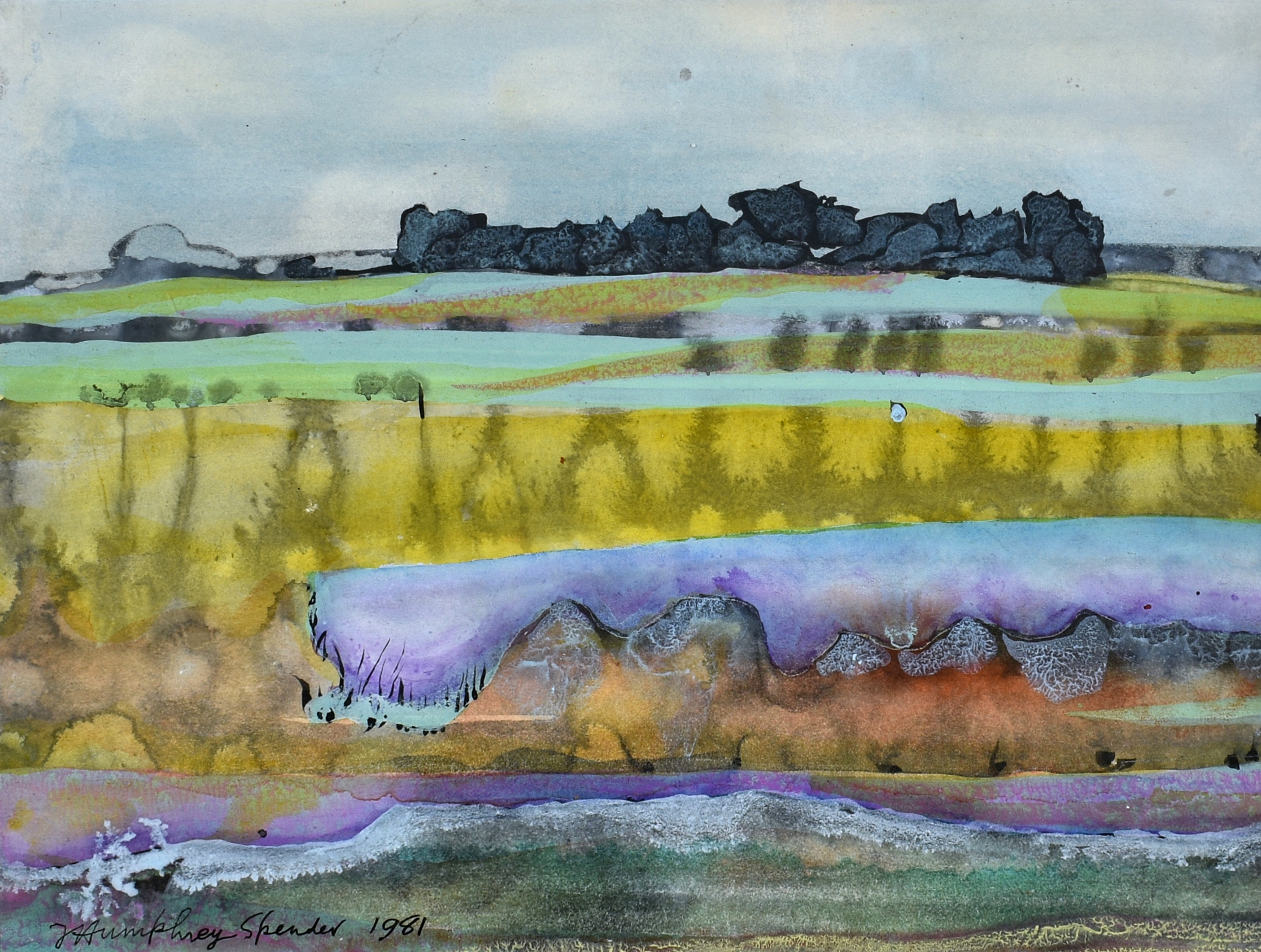 John Humphrey Spender (British, 1910-2005), "Essex Fields" watercolour and ink. inscribed on