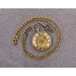 An 18ct gold cased ladies open face fob watch with chain, c.1900, the gilt Roman dial with