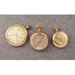 A Waltham 14ct gold and diamond ladies fob watch, a 9ct Waltham rolled gold pocket watch and an