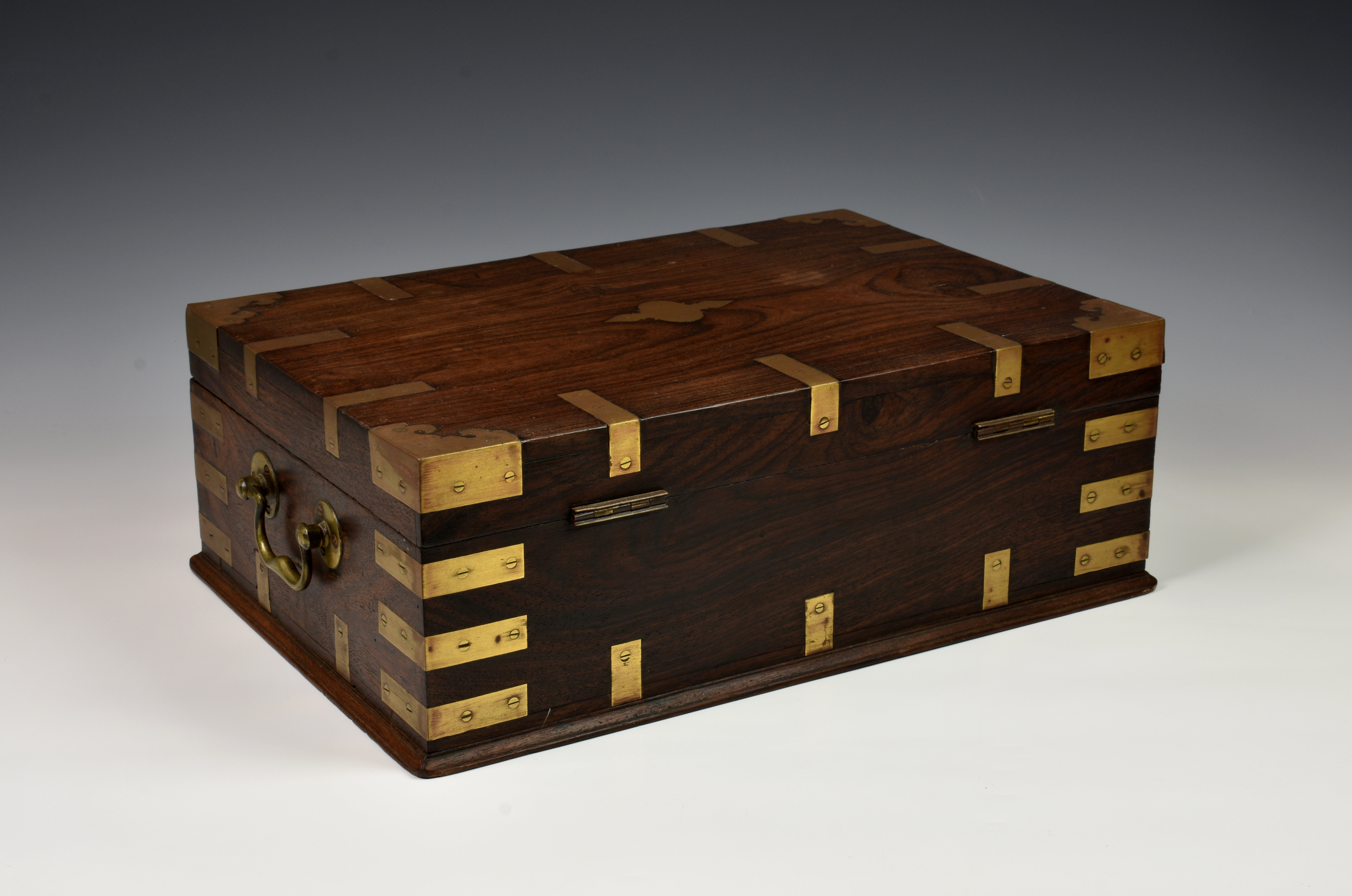 An Anglo Indian rosewood and brass bound stationary box, c.1900, the hinged lid opening to reveal - Image 2 of 5