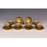 A set of six Kinkozan Japanese Satsuma coffee cans and saucers, c.1900, earthenware, the slightly