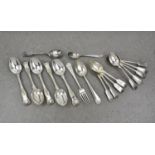 A small collection of silver teaspoons etc, comprising of five Victorian Kings Hourglass pattern