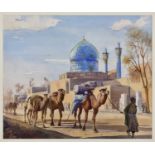 Yervand Nahapetian (Iranian, 1916-2006), Camels in front of the Blue Mosque, Isfahan watercolour,