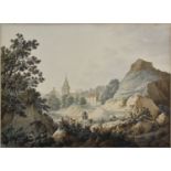 English School (early 19th century), Landscape with Figures and Church watercolour, unframed 10¾ x