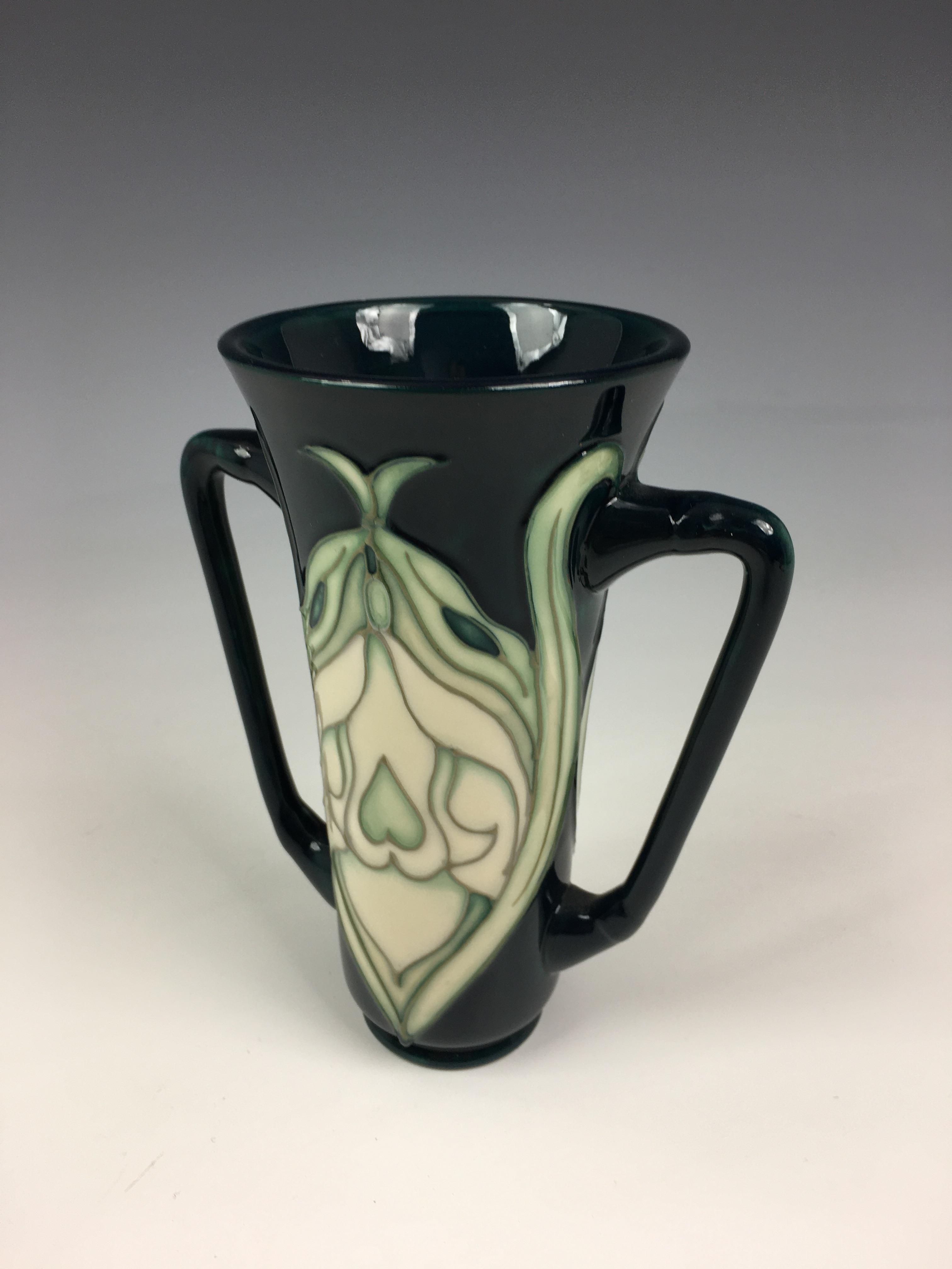 A Moorcroft Pottery twin handled trumpet form 'Snowdrop' pattern vase, Rachel Bishop for Moorcroft - Image 2 of 7