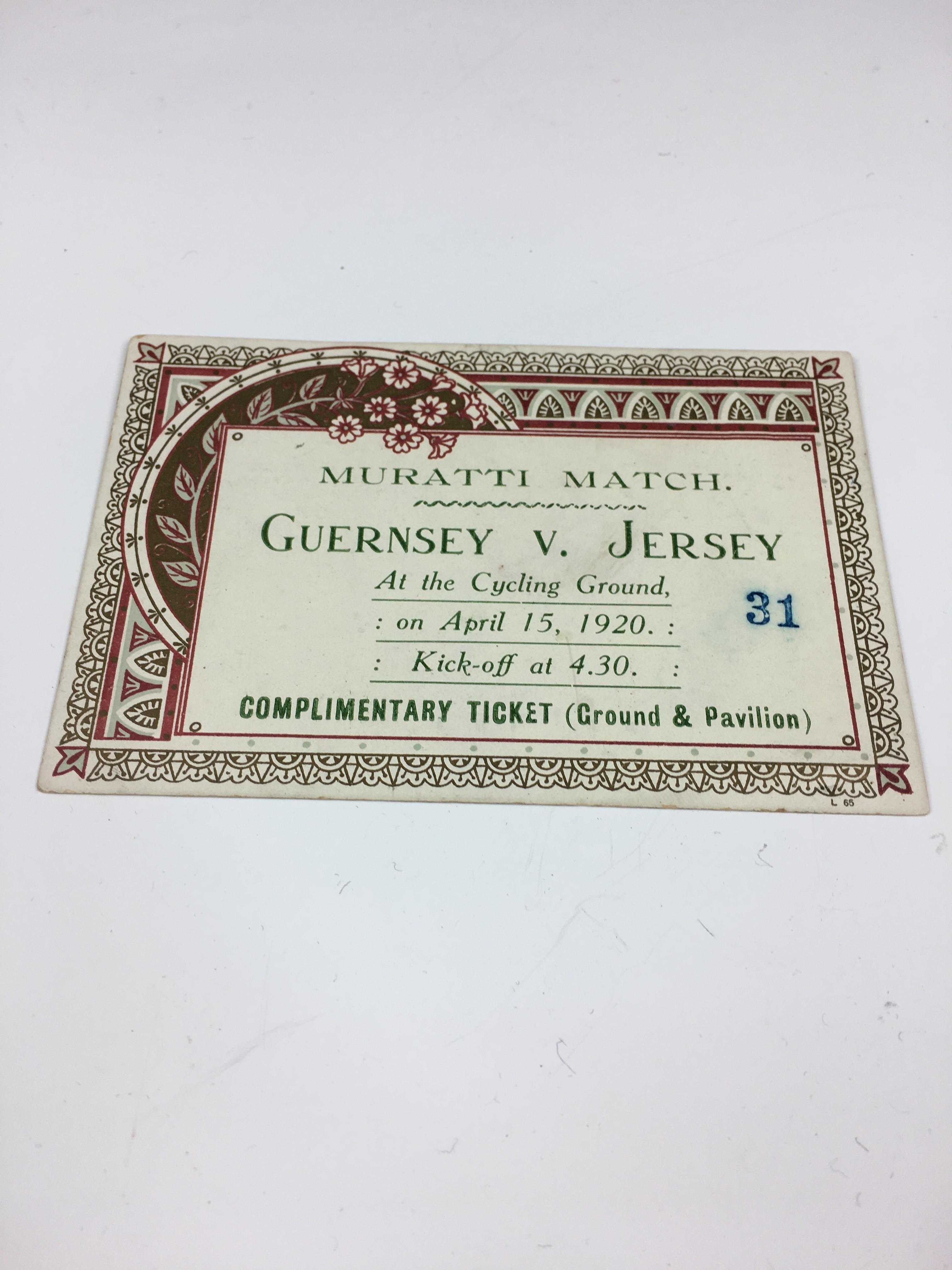 An extremely rare 1920 Muratti Match gate ticket - Channel Islands football interest, the original - Image 2 of 5