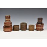 A small collection of leather clad and straw work tin boxes, of varying forms, together with three