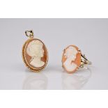 A cameo ring and pendant (2), both cast in 9ct gold and depicting the silhouette of a young lady.