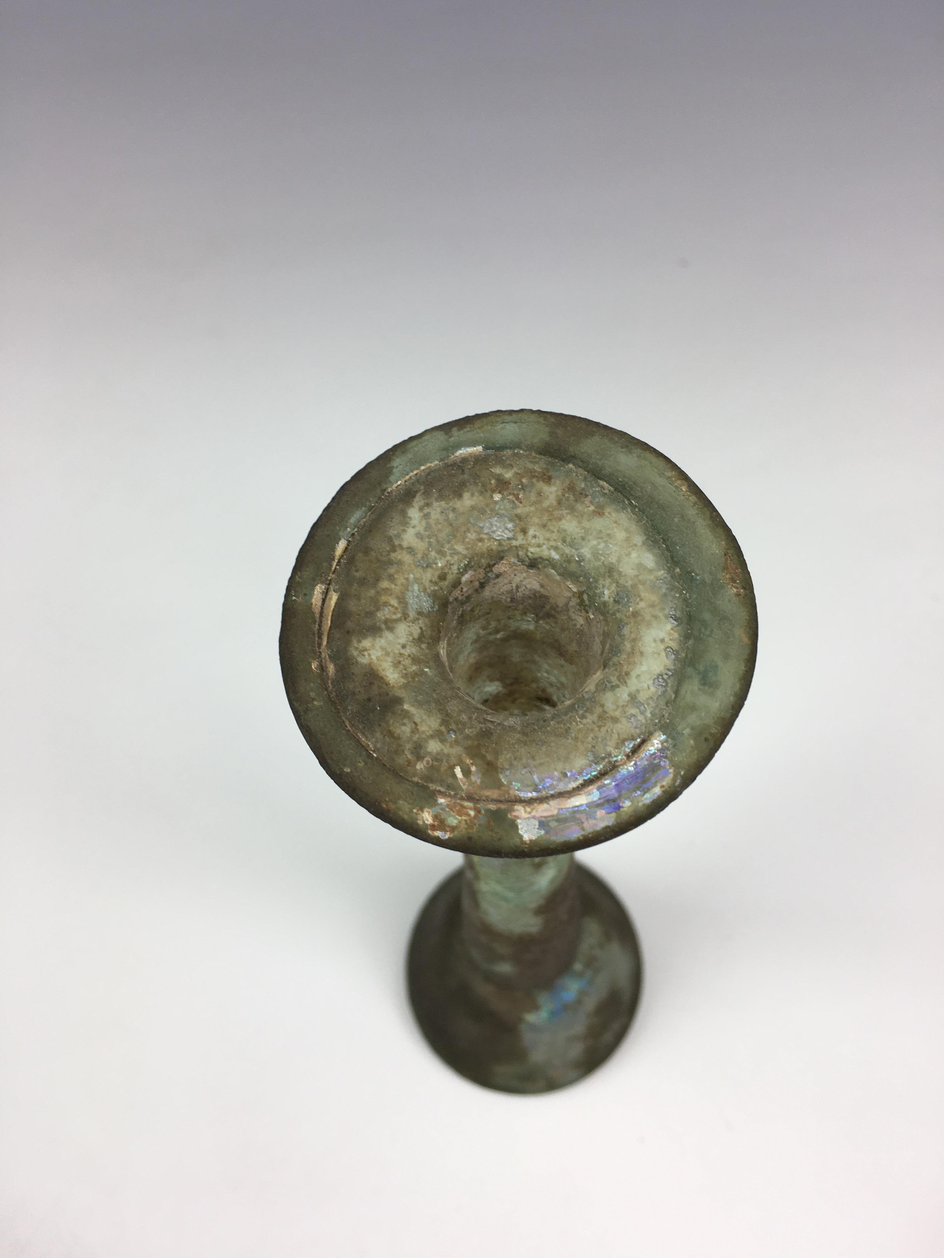 A large Roman iridescent glass unguentarium, 1st-2nd century AD, of candlestick form with widely - Image 4 of 6