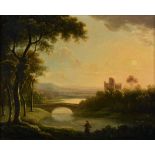 English School, early 19th century, Landscape with Bridge and Castle oil on panel 11¾ x 15½in. (30.5