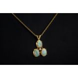 A 14ct gold, opal and diamond pendant necklace, featuring three oval opals set around a smaller,