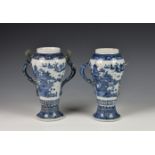 A pair of Chinese export twin handled porcelain blue and white vases, Qianlong period (1736-1795),