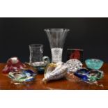 A collection of studio glass and other glassware, comprising an Edinburgh cut crystal vase; a Murano