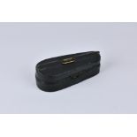 A Victorian novelty travelling inkwell, in the form of a black textured leather violin case, with