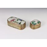 Two Chinese white metal mounted porcelain boxes, the coffin shaped boxes having porcelain