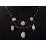 A vintage 9ct gold, opal and ruby fringe necklace, featuring 6 oval and round opals and 5 round