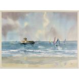 Jackie Wells (British, 20th century), La Rocco Tower, St Ouen's Bay, Jersey watercolour, signed