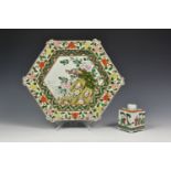 A Chinese famille verte hexagonal deep dish, late 19th century, the central well decorated with