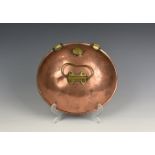 An antique oval dished copper belly warmer, probably Victorian, having brass suspension strap