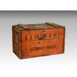A vintage orange stained wooden crate - Channel Island interest, stamped, R. J. Collins & Co Ltd
