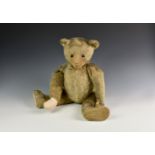 An early golden mohair teddy bear, possibly Steiff or early American, c.1910, with boot button eyes,