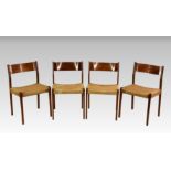 A set of four mid-century Danish teak and paper cord dining chairs, 1960s, in the style of Poul