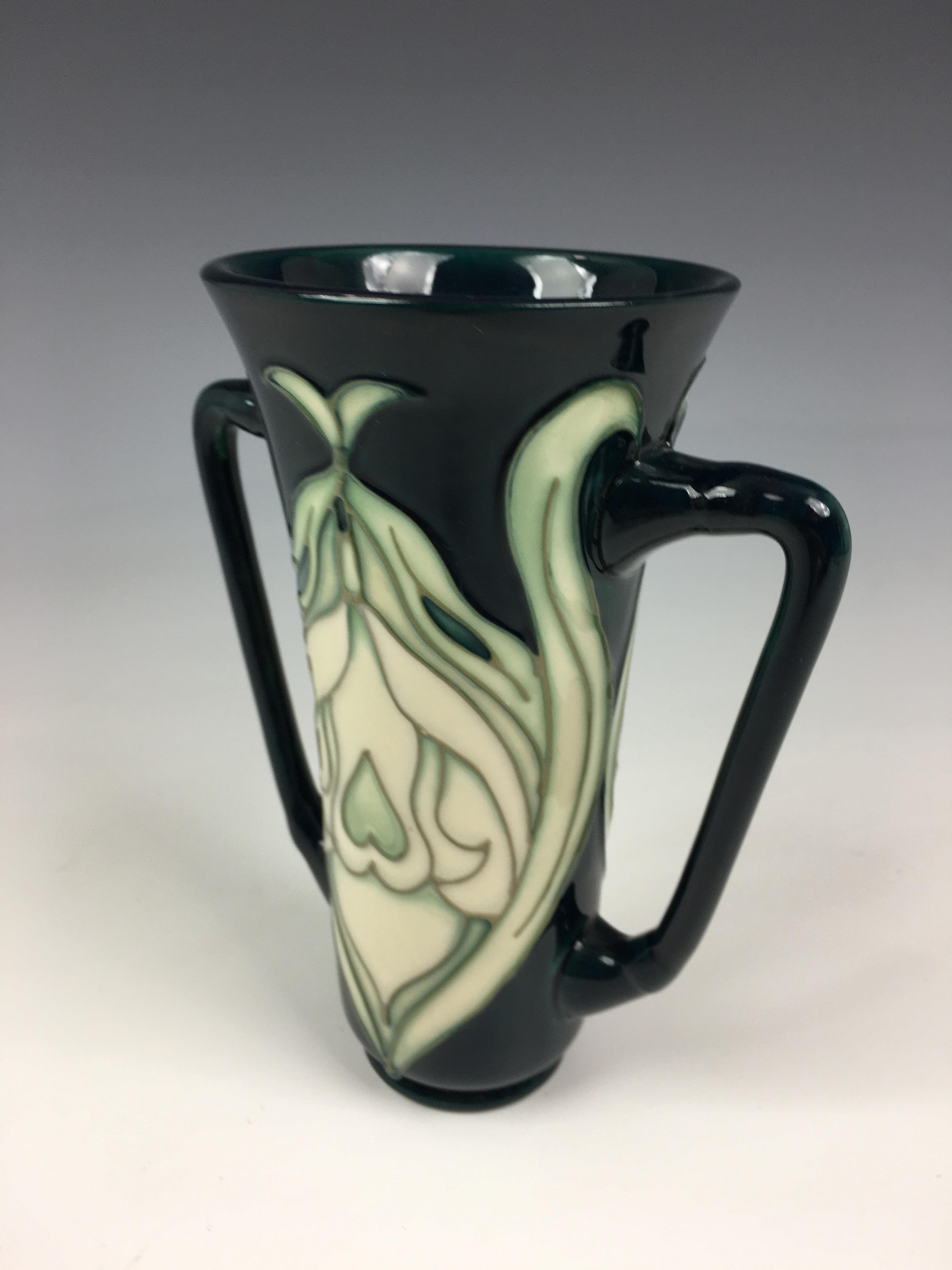 A Moorcroft Pottery twin handled trumpet form 'Snowdrop' pattern vase, Rachel Bishop for Moorcroft - Image 5 of 7