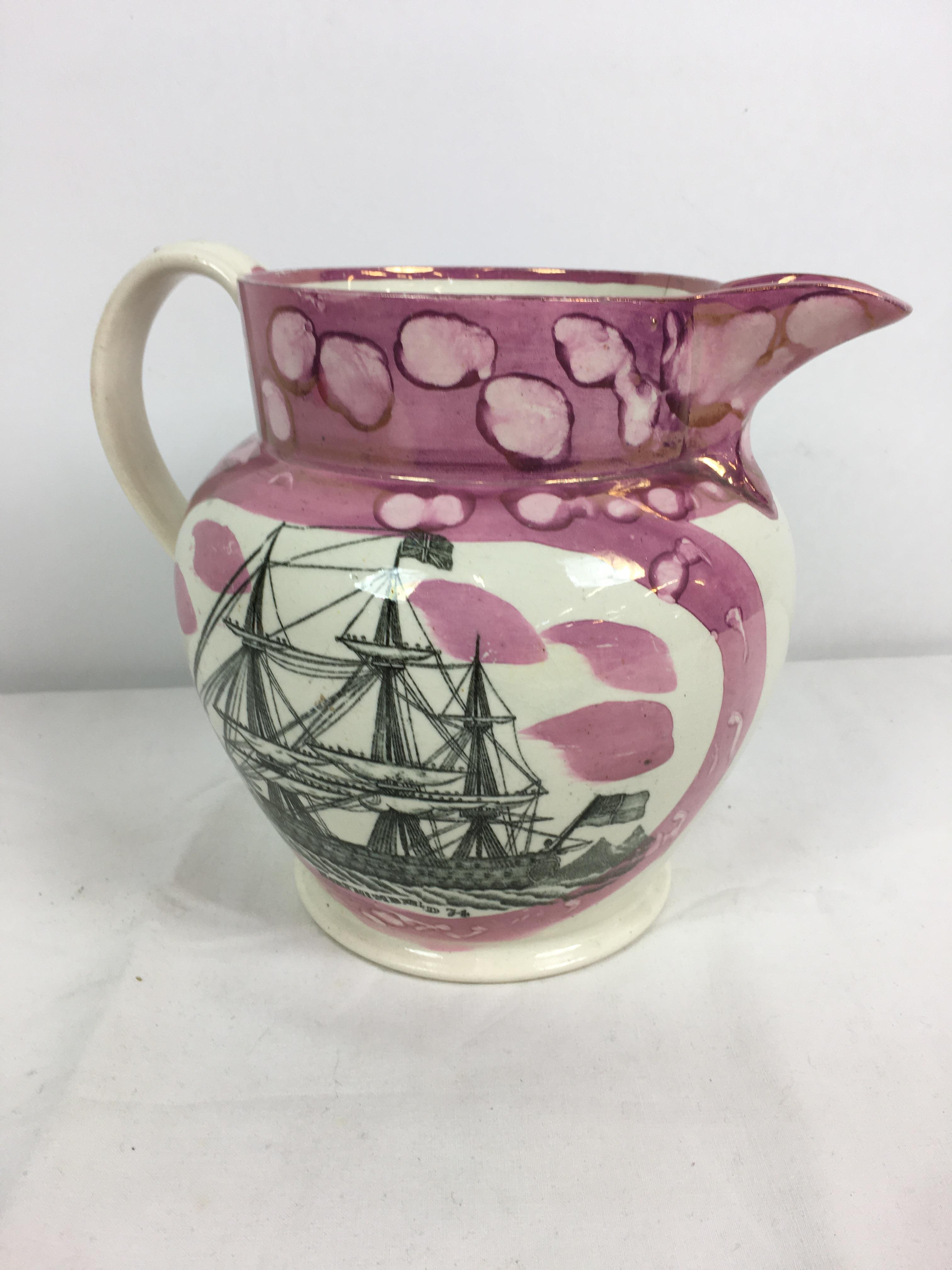 A 19th century Sunderland pink lustre jug, painted and transfer printed, one side with panel of a - Image 2 of 9