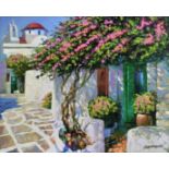 Howard Chesner Behrens (American, 1933-2014), Flowers on a Mediterranean street oil on canvas,