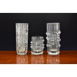 Three Czech Republic Sklo Union clear glass vases, with geometric textured decoration, the tallest