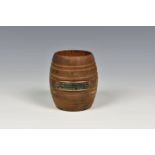 A miniature barrel from teak of HMS Iron Duke, the turned wooden barrel with applied brass