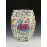 A Chinese Canton famille rose porcelain garden seat, 19th century, of hexagonal barrel form with