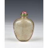 A Chinese cottonwool rock crystal snuff bottle, probably 19th century, of high shouldered, ovoid