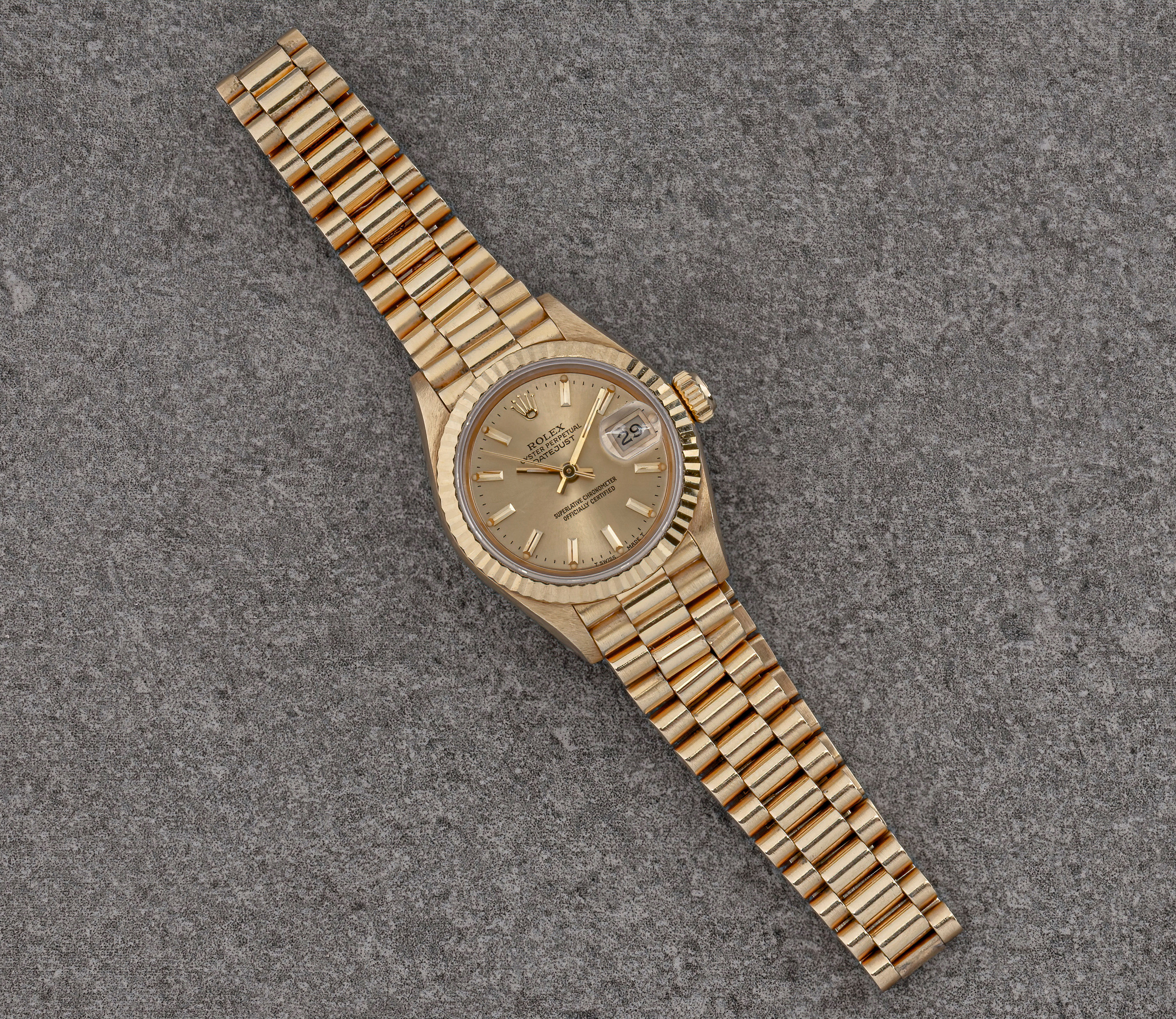 A ladies 18ct gold Rolex Oyster Perpetual Datejust automatic wristwatch, the 25mm. case with