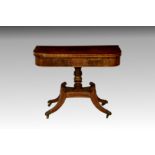 A George IV inlaid mahogany D-shaped foldover card table, the rosewood cross banded top lined with