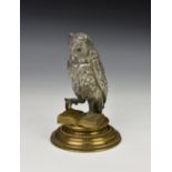 An Edwardian novelty brass and silvered table vesta / match holder fashioned as a wise owl reading a